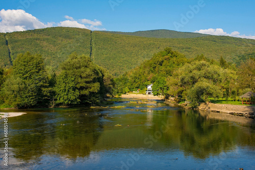 The River Una as it passes through Kulen Vakuf village in the Una National Park. Una-Sana Canton  Federation of Bosnia and Herzegovina. Early September