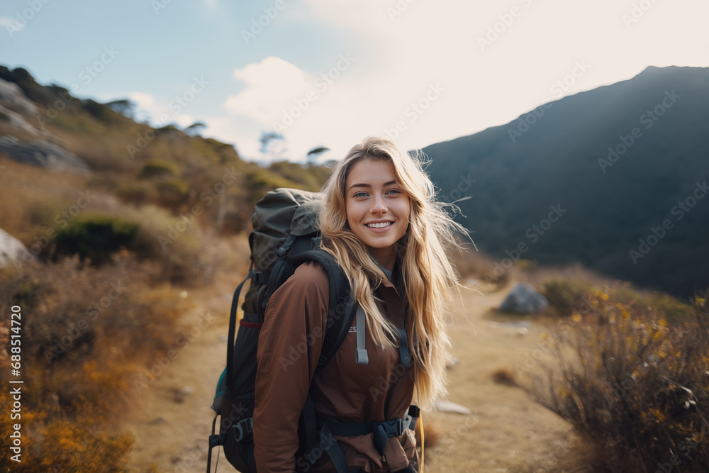 Young pretty blonde girl at outdoors in a park with mountaineer backpack