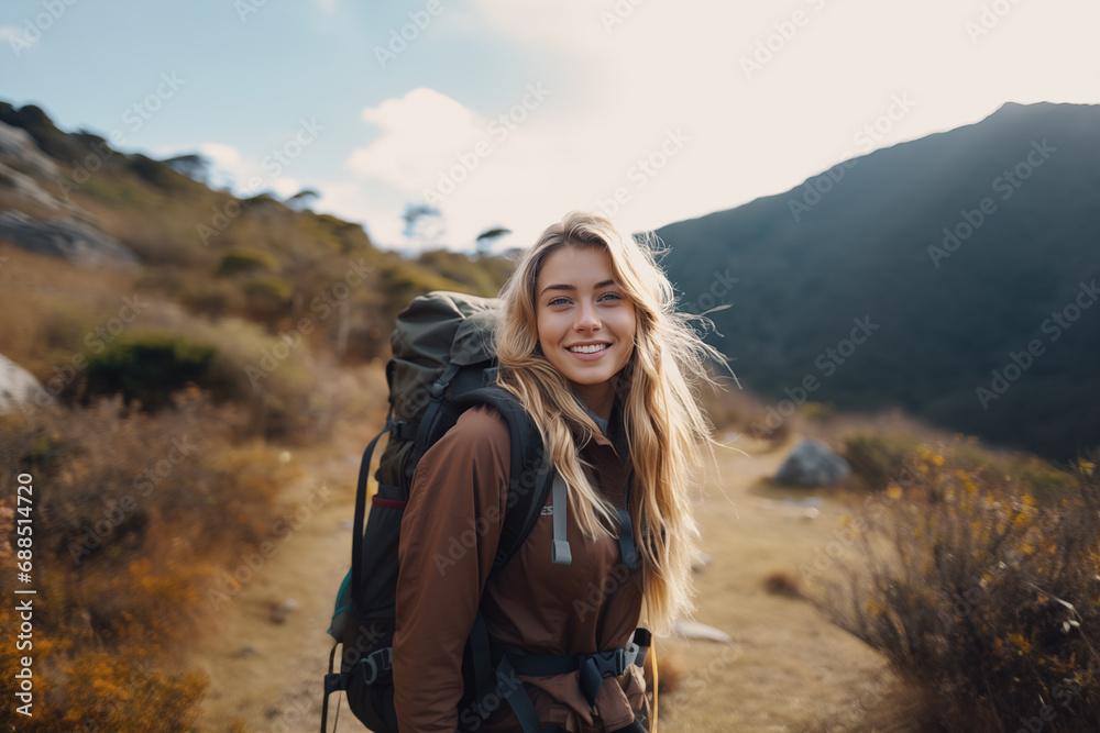 Naklejka premium Young pretty blonde girl at outdoors in a park with mountaineer backpack
