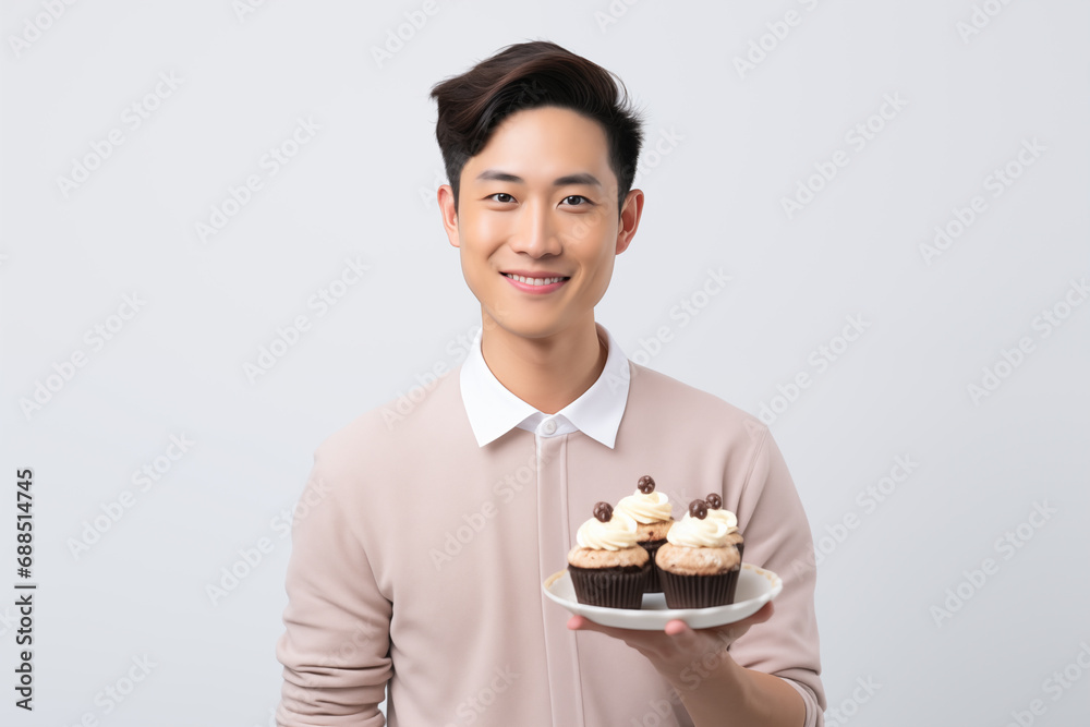 Chinese man over isolated white background holding muffin cake