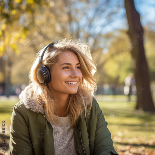 Young pretty blonde girl at outdoors in a park listening music with headphones