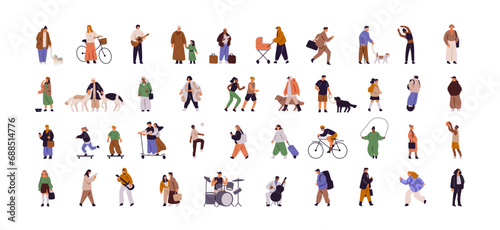 Various tiny people in city set. Friends  couples walking dog on street  skateboarding  running. Many characters play musical instruments  ride on bike. Flat isolated vector illustration on white