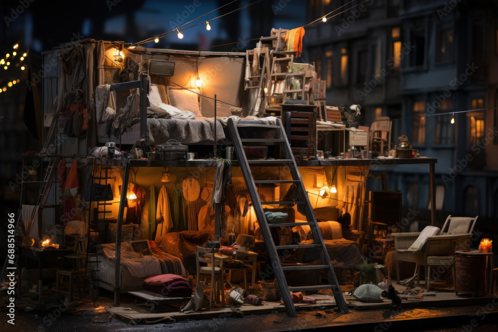 A cityscape at night, with makeshift cardboard shelters illuminated by dim streetlights, depicting the struggles faced by the homeless after dark. Generative Ai.