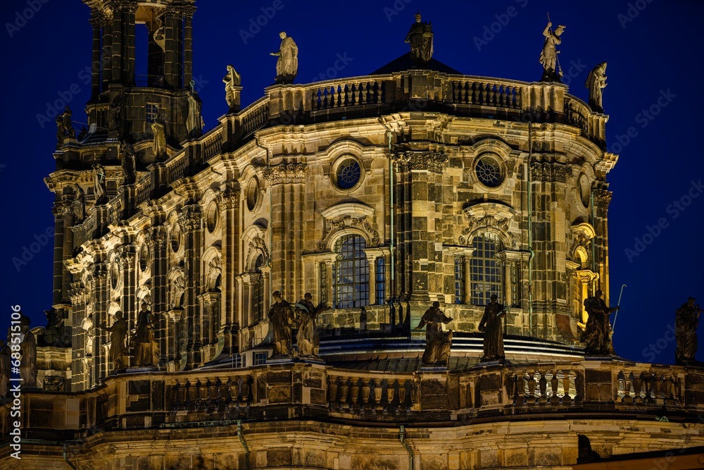 Hofkirche church at night, Dresden, Saxony, Germany.