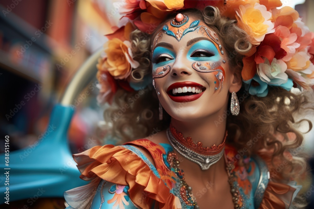Playful carnival mask woman joins the parade with elegance, festive carnival photos
