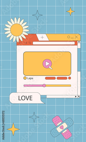 Cool stories or post template, retro browser computer window in 90s vaporwave with geek stickers. Y2k aesthetic background for social media, with pc message boxes, UI, UX elements. 