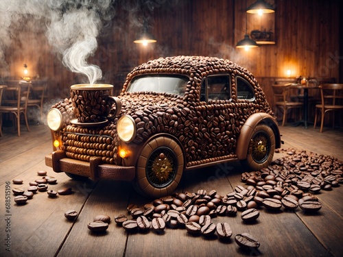 A unique car made entirely of coffee elements.