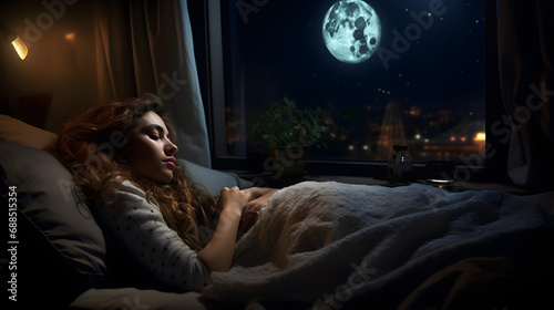 Young female sleeping peacefully in her bedroom at night. Relaxing at nighttime. generative ai. photo