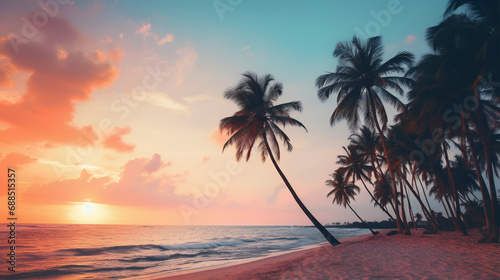 Tropical beach with palm trees at sunset 