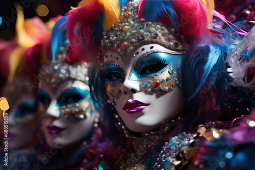 Magical carnival masks amidst a sea of iridescent bubbles, festive carnival photos