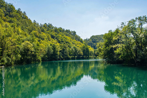 The River Una near Orasac, Bihac, in the Una National Park. Una-Sana Canton, Federation of Bosnia and Herzegovina. Early September