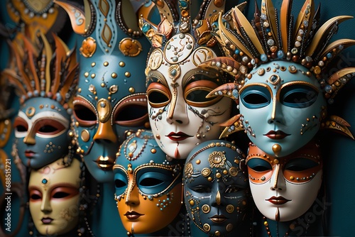 Artistic display reflects venetian mask creativity, carnival festival pictures