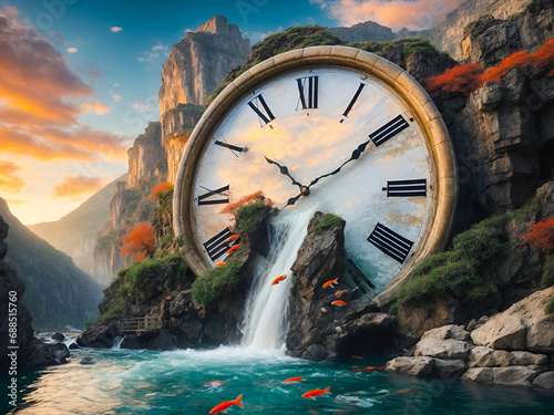 an ancient, grand clock face, set within the rugged cliffside of a mountain. The clock’s hands are transformed into cascading rivers