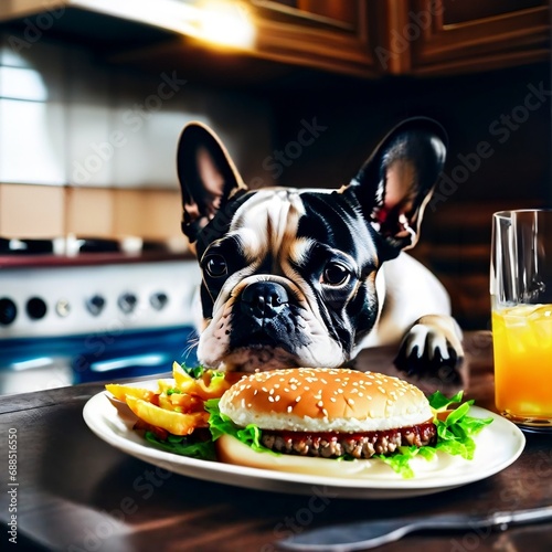Un chien Bouledogue français assis à une table de cuisine avec un burger © Ana M