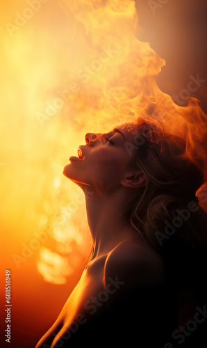 Concept of pleasure with sexy woman gasping in ecstasy while burning with satisfaction