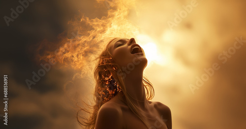 Concept of pleasure with sexy woman gasping in ecstasy while burning with satisfaction photo