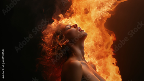 Concept of pleasure with sexy woman gasping in ecstasy while burning with satisfaction