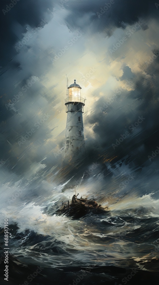 Painting of waves crashing against a lighthouse during a storm.