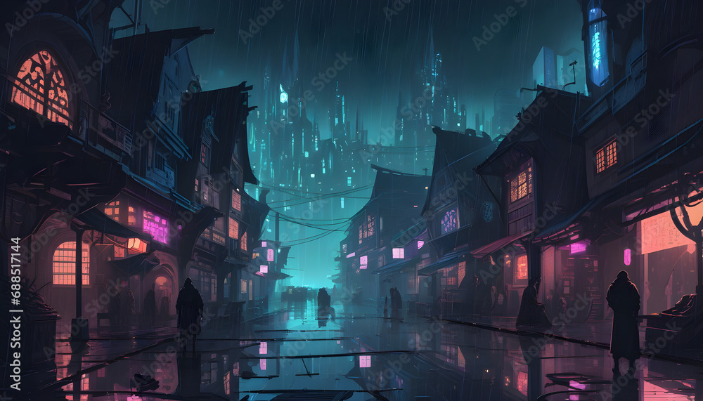 cyberpunk city street view by night with rain in japan, skyscrapes on ...