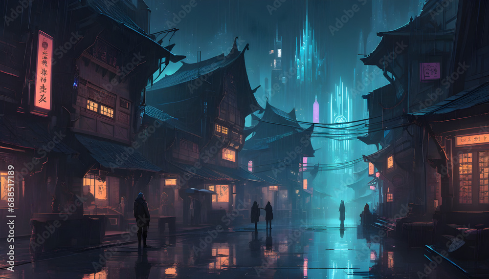 ภาพประกอบสต็อก cyberpunk city street view by night with rain in japan ...