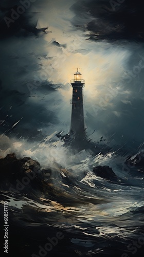 Painting of waves crashing against a lighthouse during a storm.
