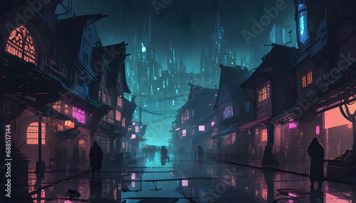 cyberpunk city street view by night with rain in japan, skyscrapes on de background photo