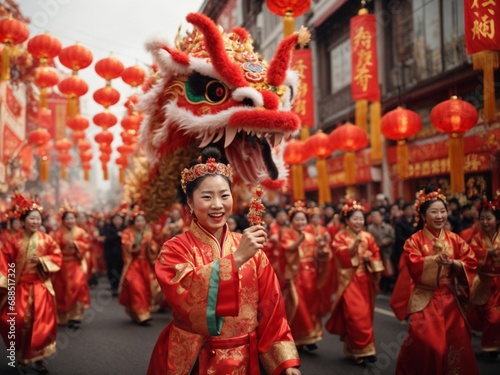 exciting street festivity traditional Chinese celebration in bright reds and golds