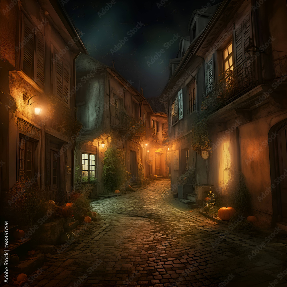 Halloween street in the old town at night- 3d rendering