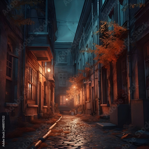 Narrow street in the old town at night- 3d render