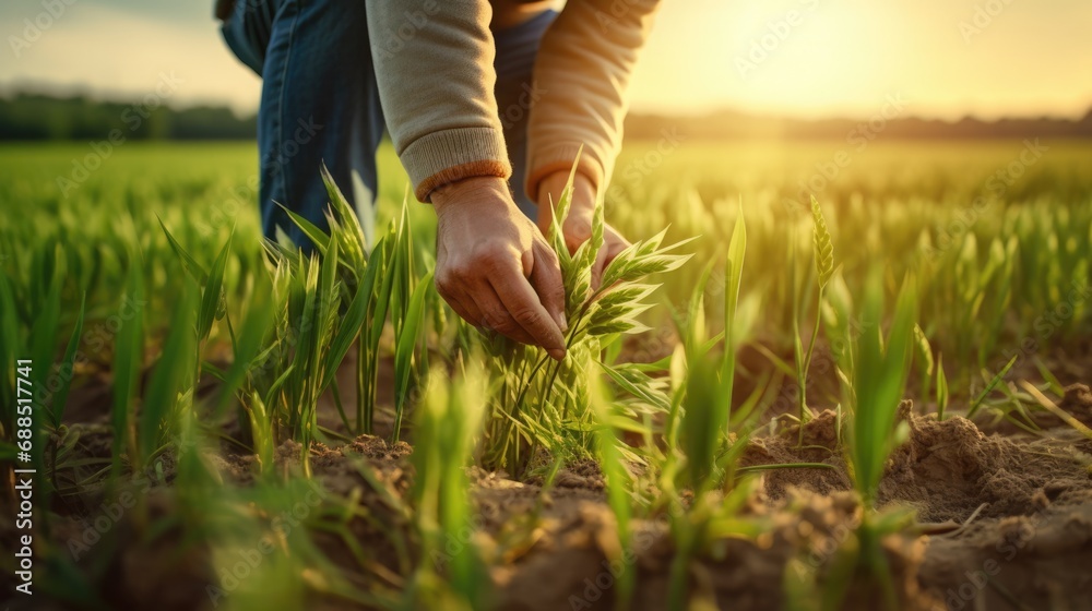 Farmer hand touches green leaves of young wheat in the field, the concept of natural farming, agriculture. Business or ecology concept. Farmer hand touches green leaves of young wheat in the field, the concept of natural farming, agriculture. Business or ecology concept.