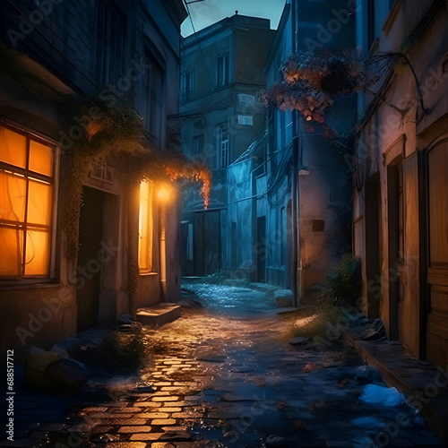 Narrow street in the old town at night. 3d rendering