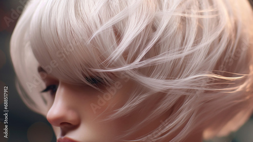 Close up of a modern hairstyle in platinum blond of a young woman 