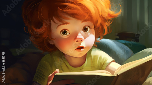 Child reading a book at home at night