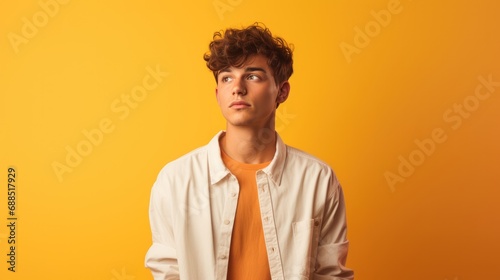 Confident young generation z hipster standing alone against an orange background.