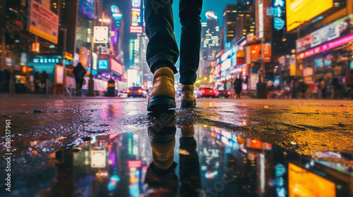 Low angle view of someone walking at night in a city street 