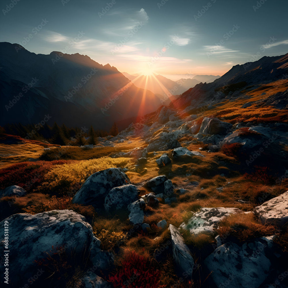 Sunset in the mountains. Colorful autumn landscape. Sunset in the mountains.