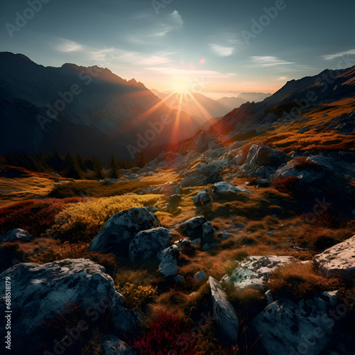 Sunset in the mountains. Colorful autumn landscape. Sunset in the mountains. © Wazir Design