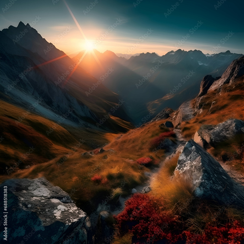 Mountain landscape with autumn forest. Sunrise in the mountains. 3d render