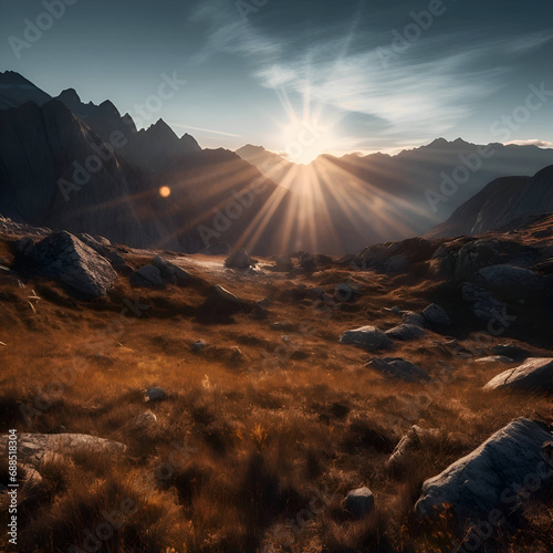 Dramatic sunset in the mountains. Beautiful natural landscape. 3d rendering