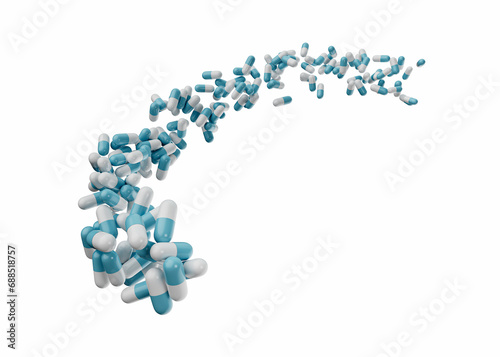 3d Blue And White Pharmaceutical Antibiotic Capsules Flowing Coming In The Air, 3d Illustration