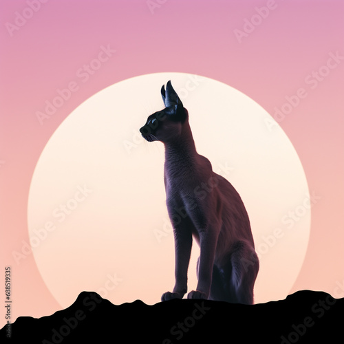  Caracal icon in silhouette, gracefully standing against a serene pastel lavender background, exuding elegance and charm. Ideal for nature-themed designs and advertisements. © Oleksandr