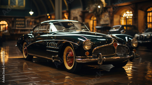 Old Fashioned Retro Luxury Car Sits in Big Room on Blurry Background