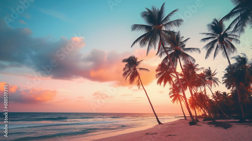 Tropical beach with palm trees at sunset © amavi.her1717