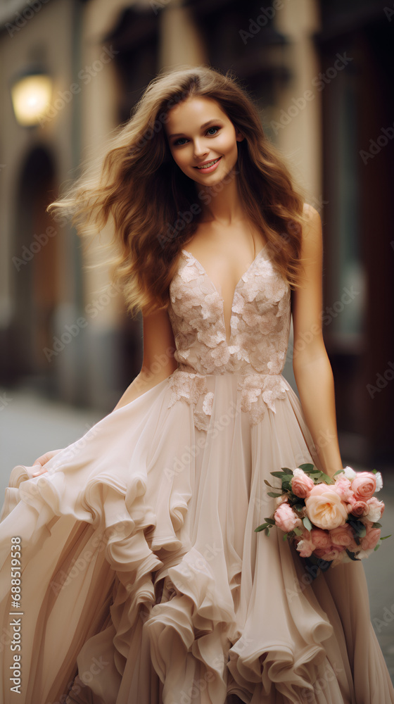 Naklejka premium a young european girl in a beige wedding dress