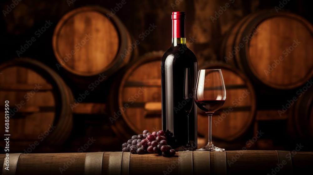 A glass of wine with ripe grapes on an oak barrel in the cellar of a winery. Professional tasting concept.