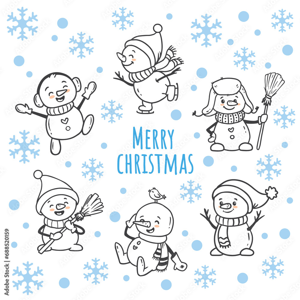 set of cartoon christmas snowman in doodle style. Funny snowman wearing hat, scarf and with a broom on white background. Snowman is skating. Xmas. set of cartoon christmas snowman in doodle style. Funny snowman wearing hat, scarf and with a broom on white background. Snowman is skating. Xmas.