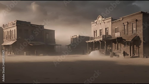 Old small western town - abandoned old small town - deserted abandoned wild west city - old west town - sandstorm - dirt street - AI generated Video photo
