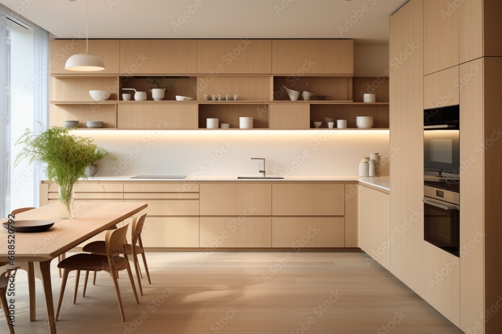 Fototapeta premium A minimalist kitchen with open shelving, integrated appliances, and a touch of warmth added by wooden accents