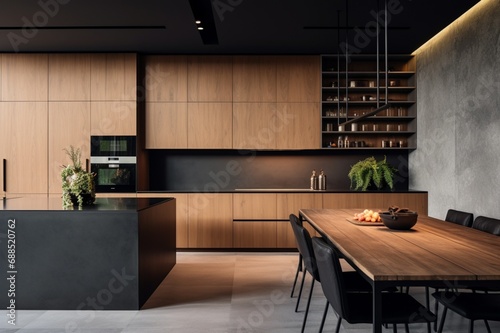 A minimalist kitchen with open shelving, integrated appliances, and a touch of warmth added by wooden accents