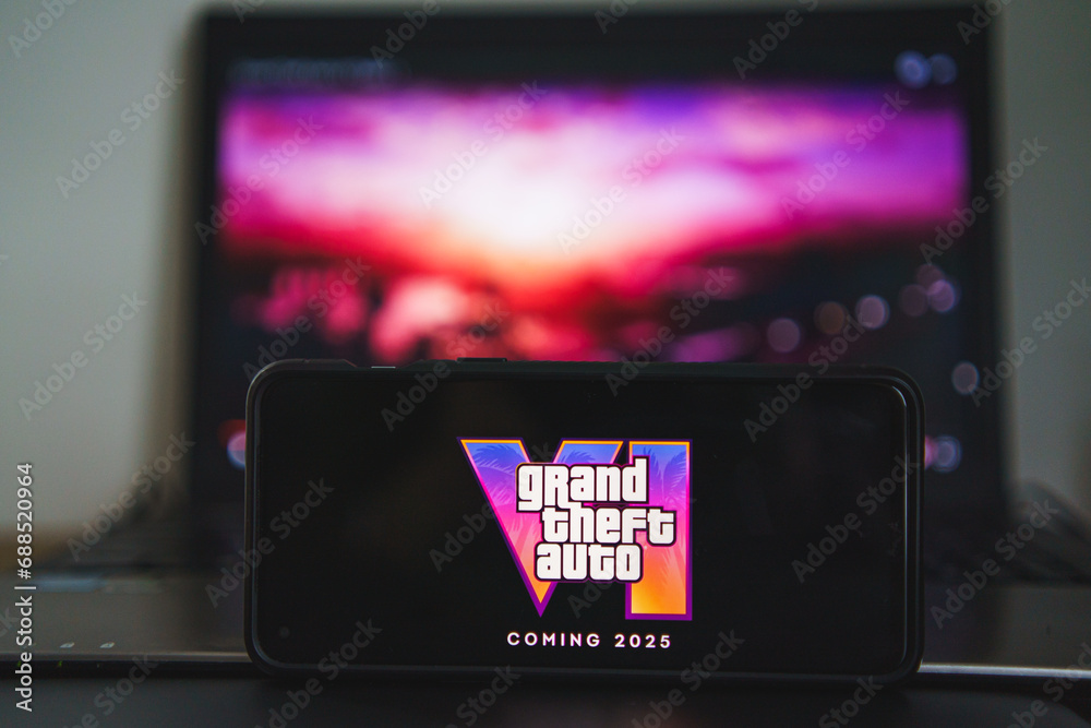 Grand Theft Auto logo on screen. Rockstar Games launched trailer of